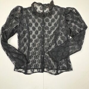 Vintage Black Floral Lace Blouse Puff Sleeve Mock Neck Button Up Sheer S